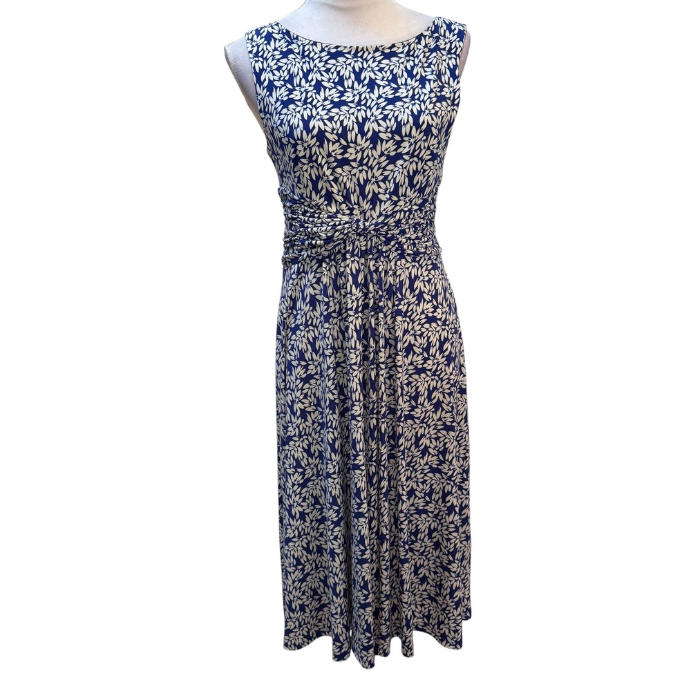 Jessica‎ Howard Womens Blue White Leaf Print Ruched Waist Midi Dress Size 6